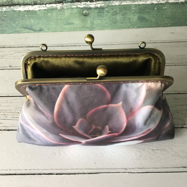 Echeveria Purple Pearl Succulent Velvet 8 Inch Clasp Purse Frame Clutch Bag