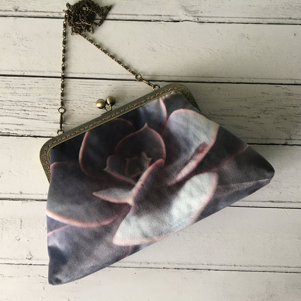 Echeveria Purple Pearl Succulent Velvet 8 Inch Clasp Purse Frame Clutch Bag