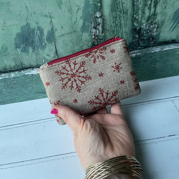 Red Snowflakes Beige Cotton Zip Coin Purse Pouch