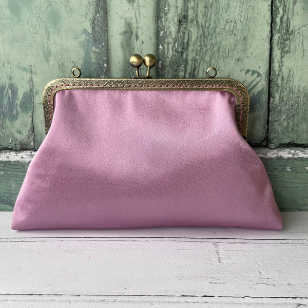 Antique Dusty Pink Satin 8 Inch Bronze Clasp Purse Frame Clutch Bag