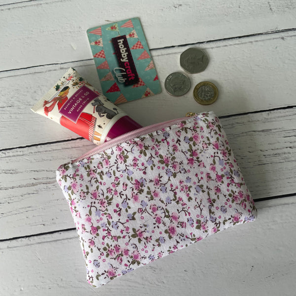 Purple and Pink Ditzy Floral Cotton Coin Zipper Purse Pouch