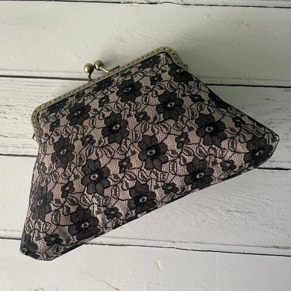 Champagne Satin and Black Floral Lace 5.5 Inch Clasp Purse Frame Clutch Bag