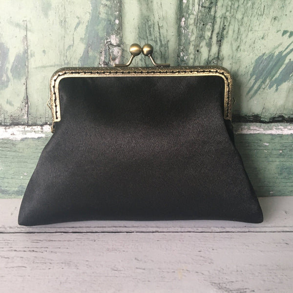 Black Satin 5.5 Clasp Purse Frame Clutch Bag