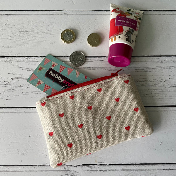 Red Hearts Cotton Zip Coin Purse Pouch