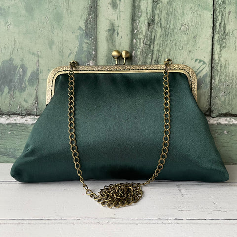 Dark Green Satin 8 Inch Bronze Clasp Purse Frame Clutch Bag