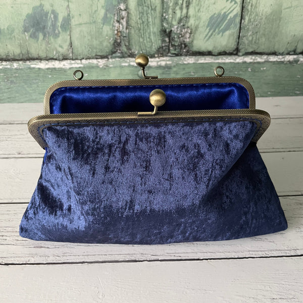 Navy Blue Crushed Velvet 8 Inch Bronze Clasp Purse Frame Clutch Bag