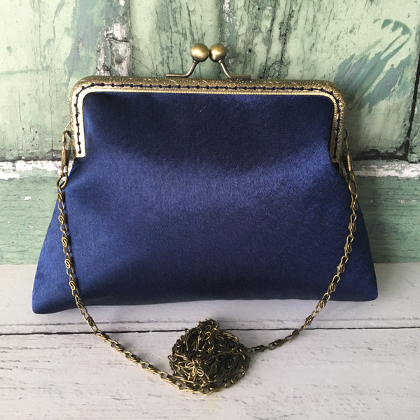 Navy Blue Satin 5.5 Clasp Purse Frame Clutch Bag