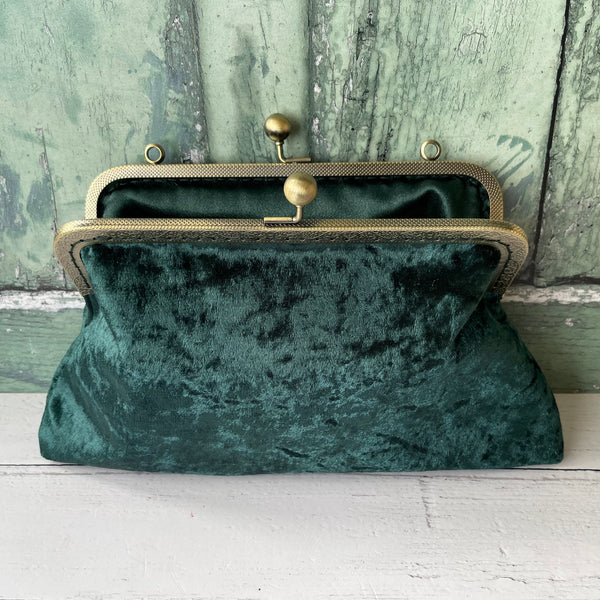 Dark Green Crushed Velvet 8 Inch Bronze Clasp Purse Frame Clutch Bag