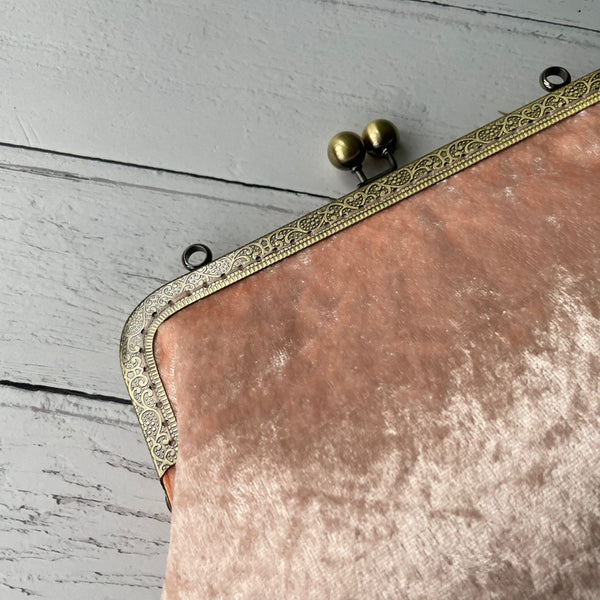 Light Peach Crushed Velvet 8 Inch Bronze Clasp Purse Frame Clutch Bag