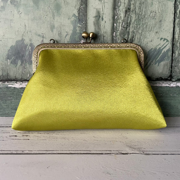 Lime Green Satin 8 Sew-In Bronze Clasp Purse Frame Clutch Bag
