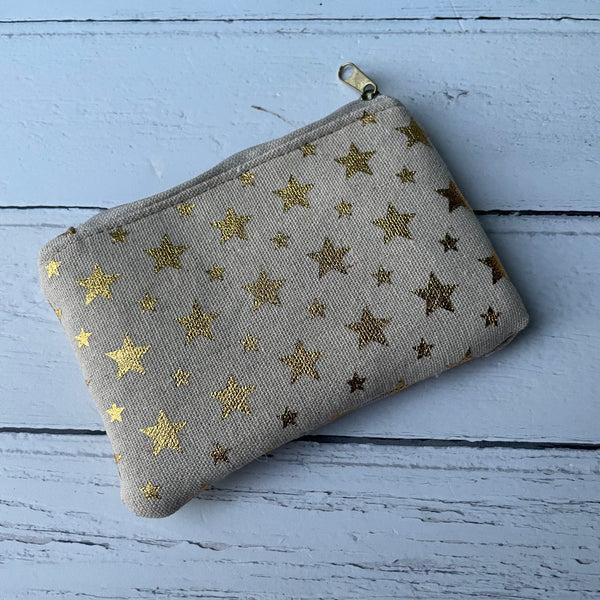 Gold Stars Beige Cotton Zip Coin Purse Pouch