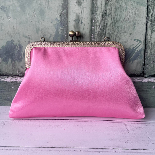 Rose Pink Satin 8 Inch Bronze Clasp Purse Frame Clutch Bag