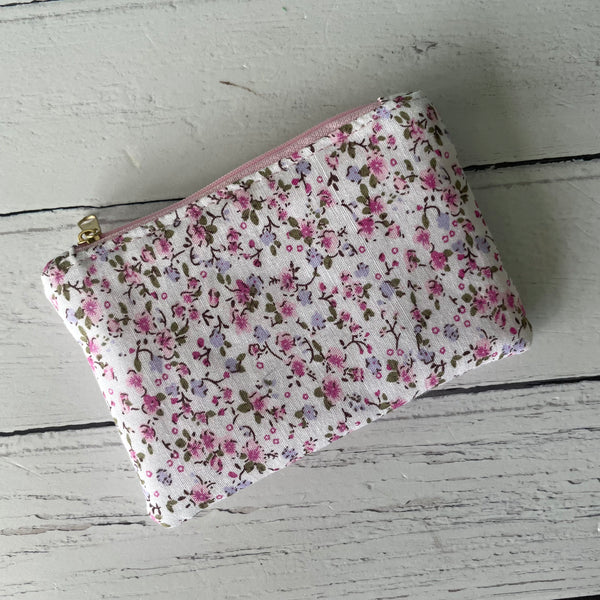 Purple and Pink Ditzy Floral Cotton Coin Zipper Purse Pouch