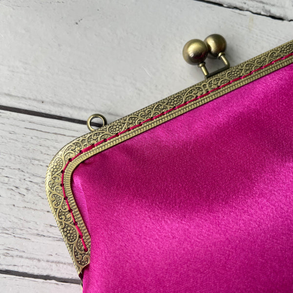 Fuchsia Pink Satin 8 Inch Bronze Clasp Purse Frame Clutch Bag