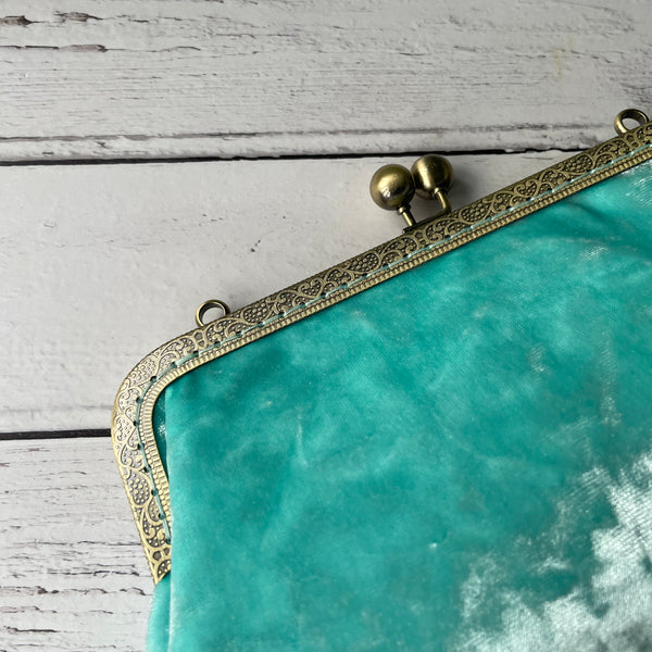 Mint Green Crushed Ice Velvet 8 Inch Bronze Clasp Purse Frame Clutch Bag
