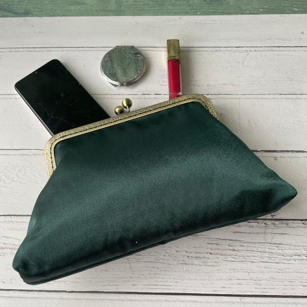 Dark Green Satin 8 Inch Bronze Clasp Purse Frame Clutch Bag