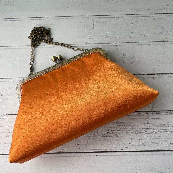 Tangerine Orange Satin 8 Inch Bronze Clasp Purse Frame Clutch Bag