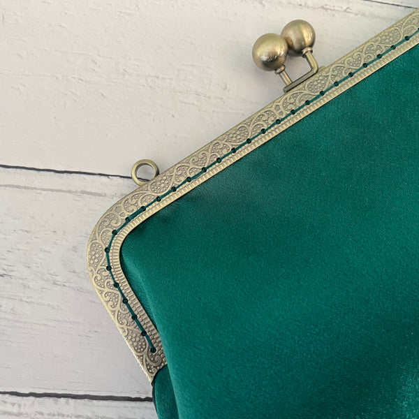 Jade Green Satin 8 Inch Bronze Clasp Purse Frame Clutch Bag