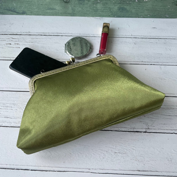 Olive Green Satin 8 Inch Bronze Clasp Purse Frame Clutch Bag