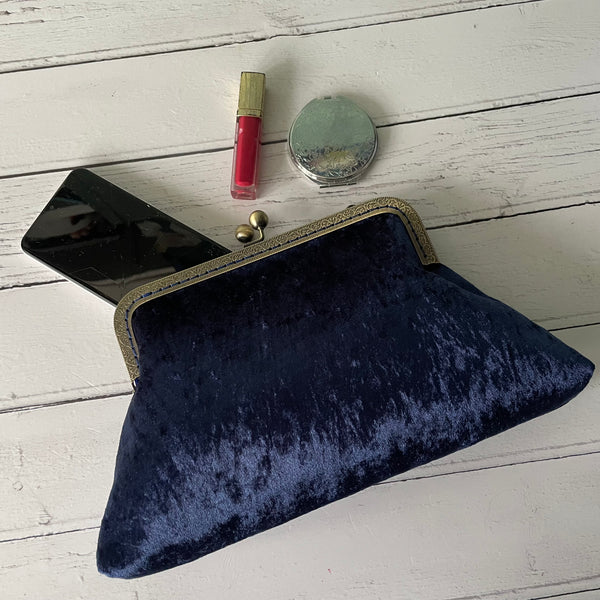 Navy Blue Crushed Velvet 8 Inch Bronze Clasp Purse Frame Clutch Bag