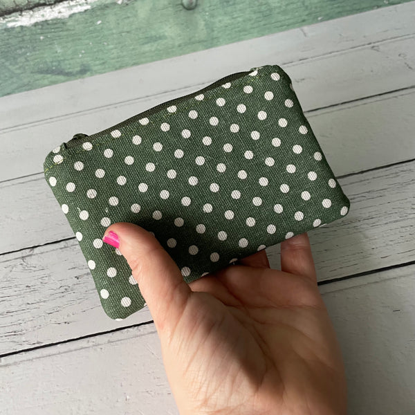 Green and White Polka Cotton Dot Zip Coin Purse Pouch