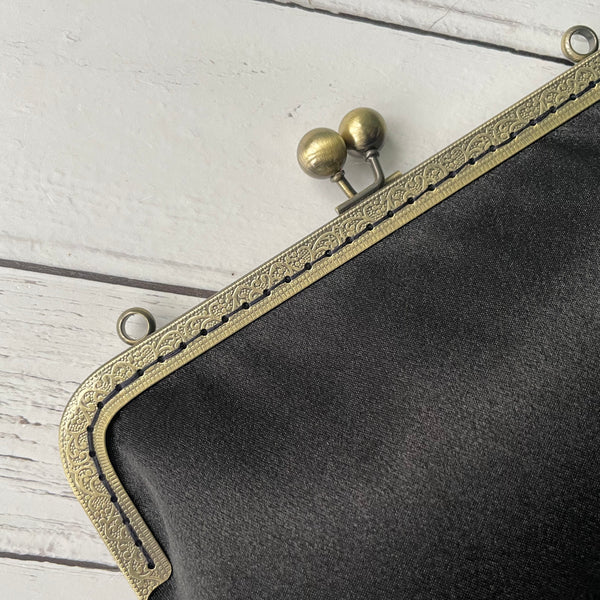 Black Satin 8 Inch Sew-In Bronze Clasp Purse Frame Clutch Bag