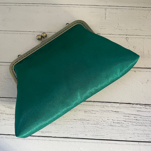 Jade Green Satin 8 Inch Bronze Clasp Purse Frame Clutch Bag