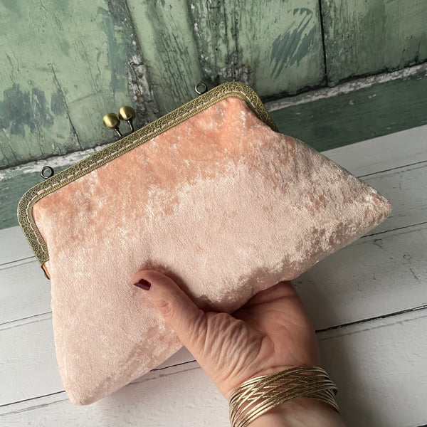 Light Peach Crushed Velvet 8 Inch Bronze Clasp Purse Frame Clutch Bag