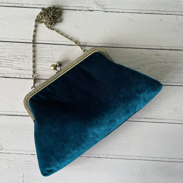 Petrol Blue Velvet 8 Inch Bronze Clasp Purse Frame Clutch Bag