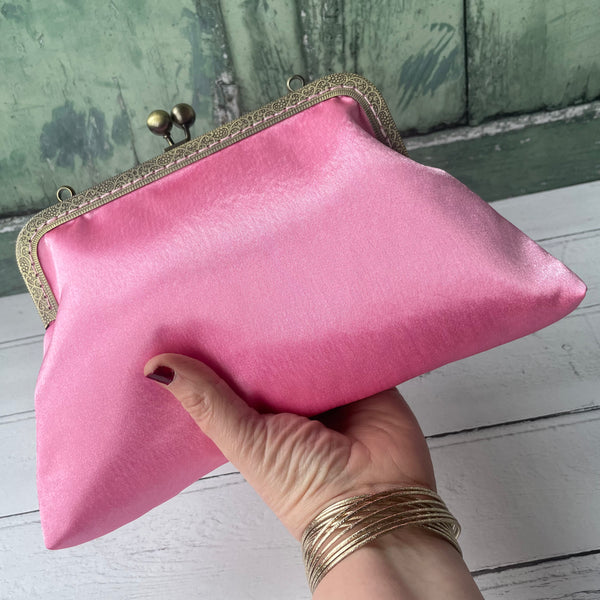 Rose Pink Satin 8 Inch Bronze Clasp Purse Frame Clutch Bag