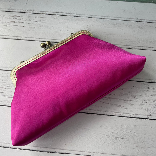 Fuchsia Pink Satin 8 Inch Bronze Clasp Purse Frame Clutch Bag