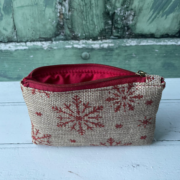 Red Snowflakes Beige Cotton Zip Coin Purse Pouch