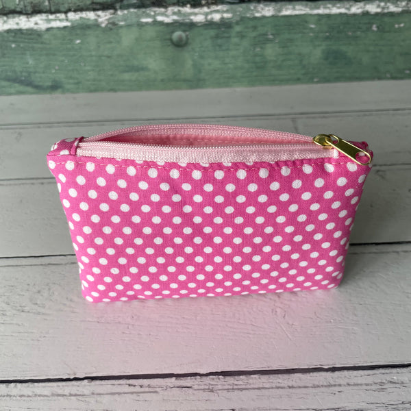 Pink and White Polka Dot Cotton Coin Zipper Purse Pouch