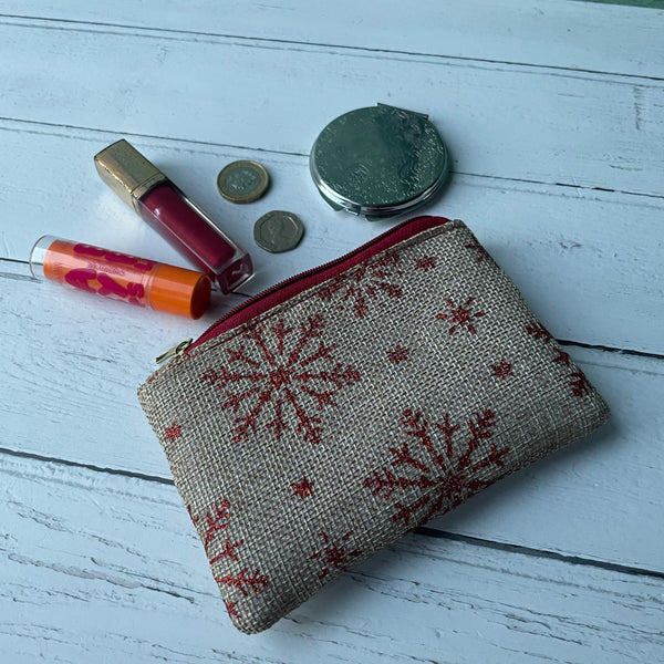 Red Snowflakes Beige Cotton Zip Coin Purse Pouch
