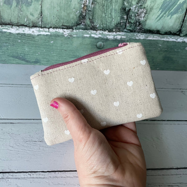 White Hearts Cotton Zip Coin Purse Pouch
