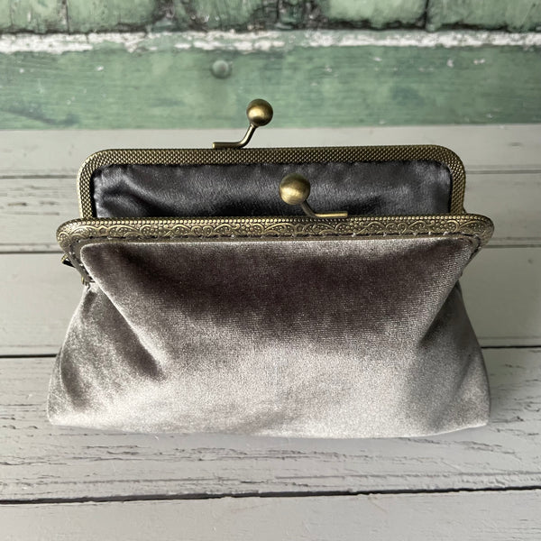 Grey Velvet 5.5 Inch Clasp Purse Frame Clutch Bag