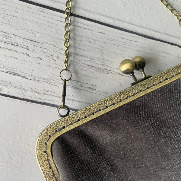 Grey Velvet 8 Inch Bronze Clasp Purse Frame Clutch Bag
