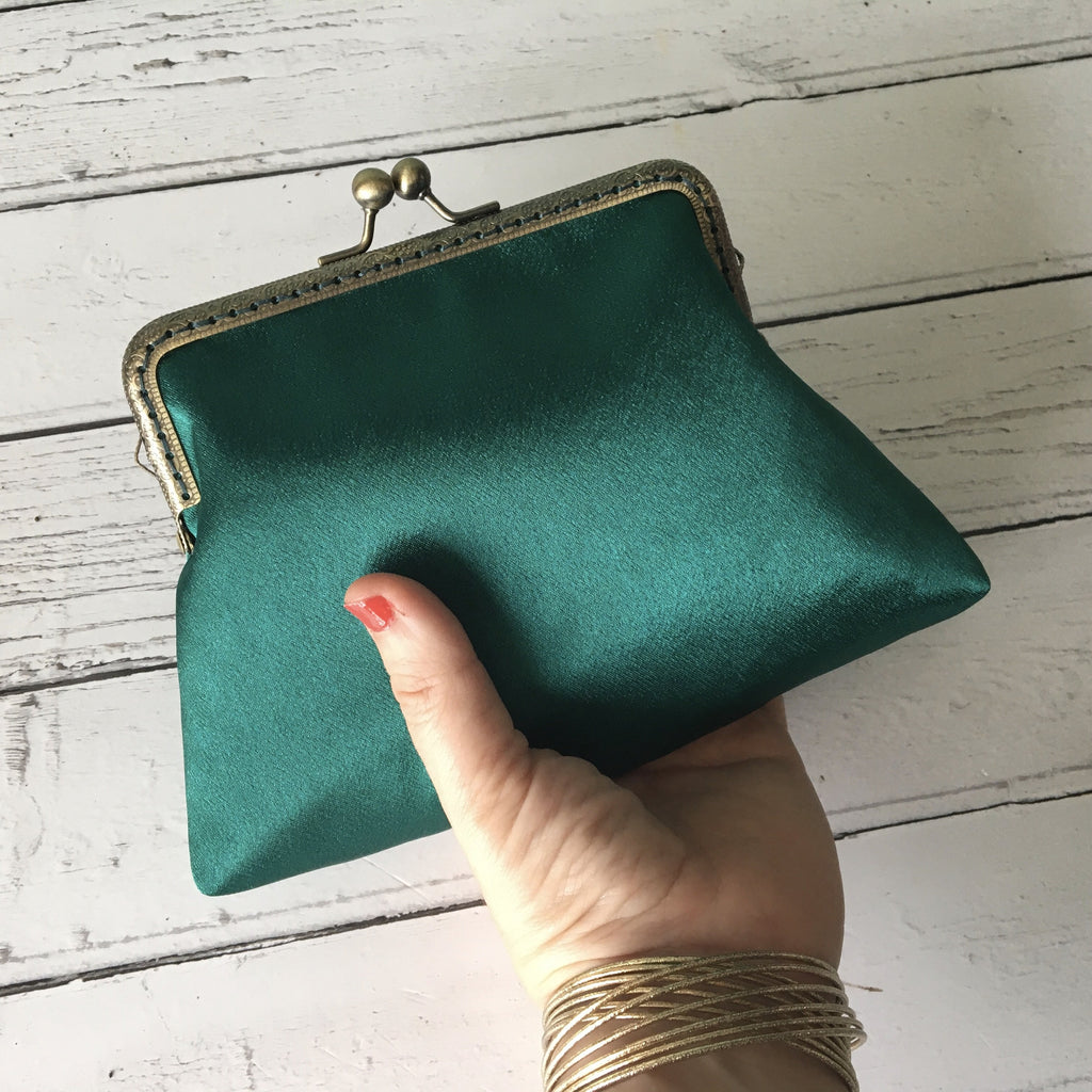 Dark Green Satin 5.5 Inch Sew in Clasp Purse Frame Clutch Bag 