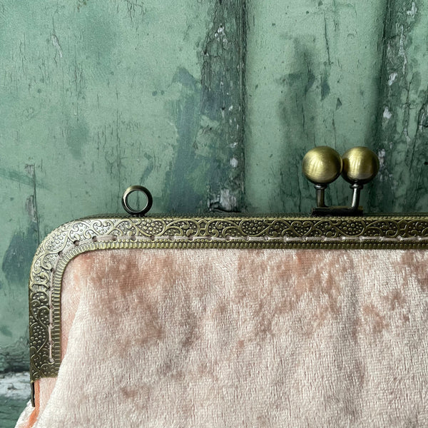 Light Peach Crushed Velvet 8 Inch Bronze Clasp Purse Frame Clutch Bag