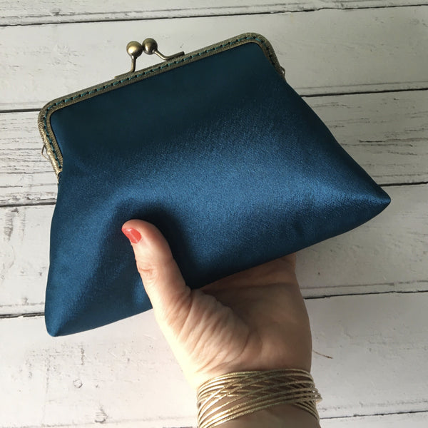 Petrol Blue Satin 5.5 Inch Clasp Purse Frame Clutch Bag
