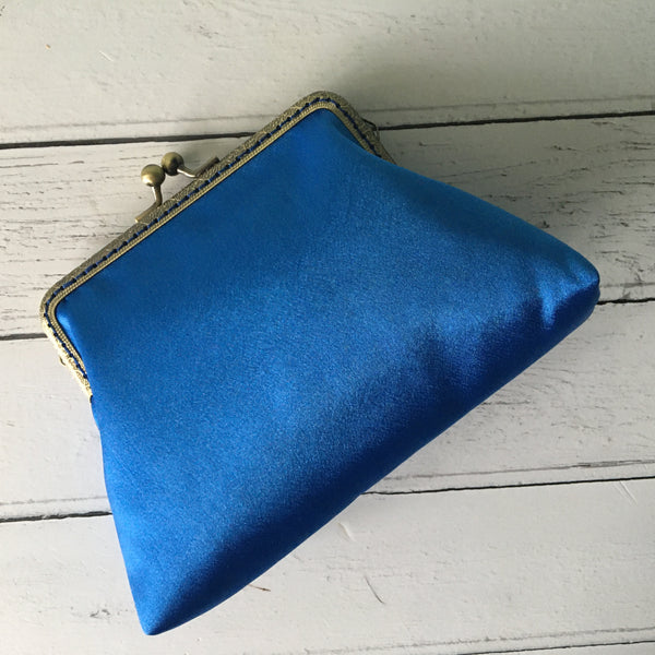 Royal Blue Satin 5.5 Inch Bronze Clasp Purse Frame Clutch Bag