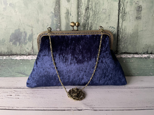 Navy Blue Crushed Velvet 8 Inch Bronze Clasp Purse Frame Clutch Bag