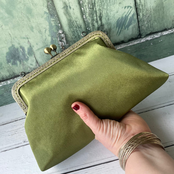 Olive Green Satin 8 Inch Bronze Clasp Purse Frame Clutch Bag