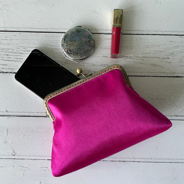 Fuchsia Pink Satin 5.5 Inch Clasp Purse Frame Clutch Bag