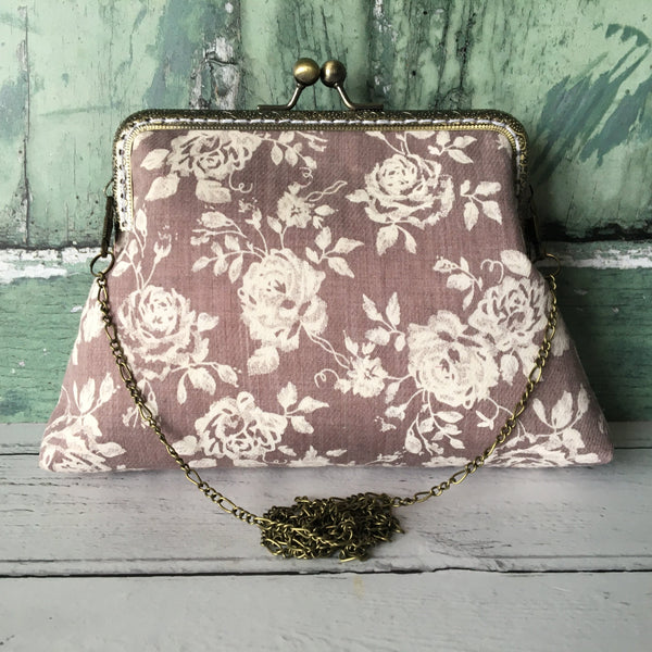 Grey and White Vintage Style Rose Floral Clutch Bag