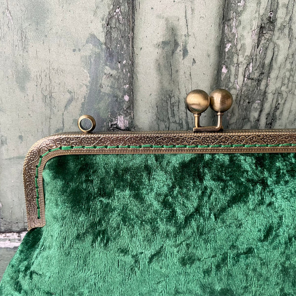 Jewel Green Crushed Velvet 8 Inch Bronze Clasp Purse Frame Clutch Bag