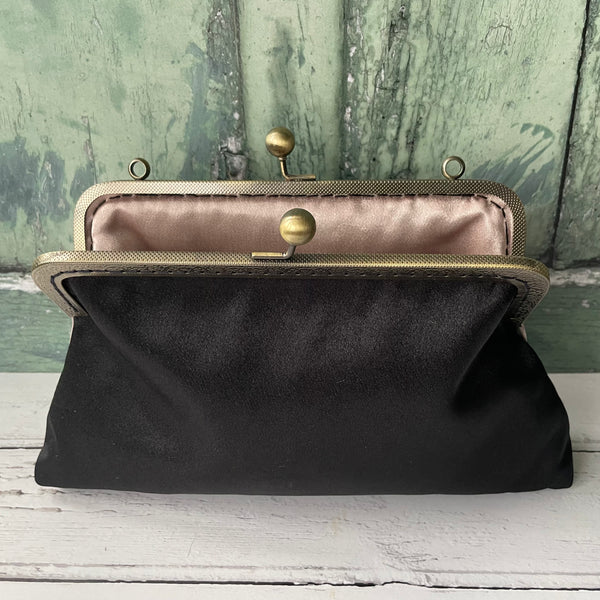 Black Satin 8 Inch Sew-In Bronze Clasp Purse Frame Clutch Bag