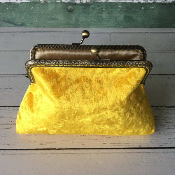 Sunflower Yellow Crushed Velvet 5.5 Inch Bronze Clasp Purse Frame Clutch Bag