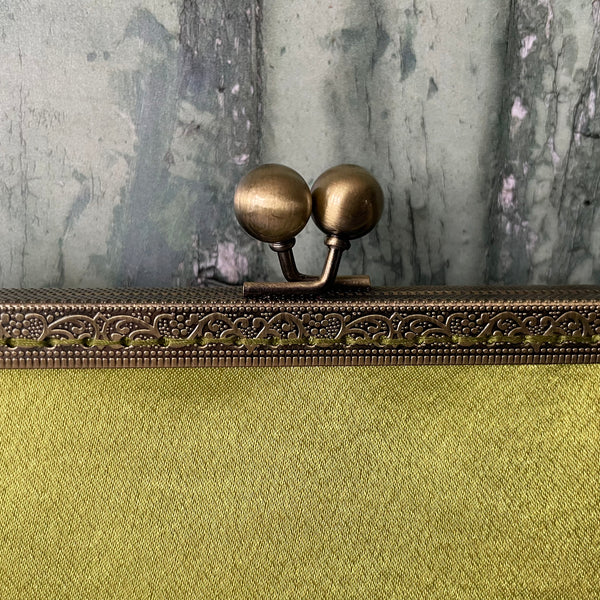 Lime Green Satin 8 Sew-In Bronze Clasp Purse Frame Clutch Bag