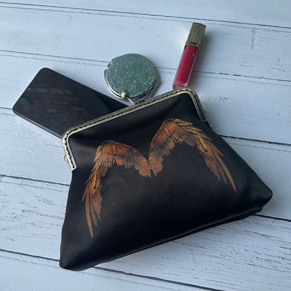 Black and Bronze Angel Wings Satin 5.5 Inch Clasp Purse Frame Clutch Bag
